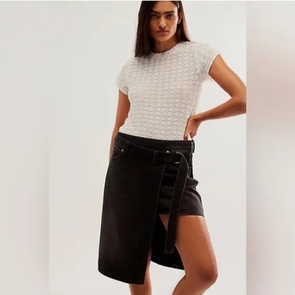 WE THE FREE x FREE PEOPLE ON TOUR BLACK DENIM ASYMMETRIC WRAP SKIRT Waist 25